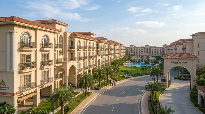 Spanish-style arched windows and low-rise apartments at Sushma Valencia.