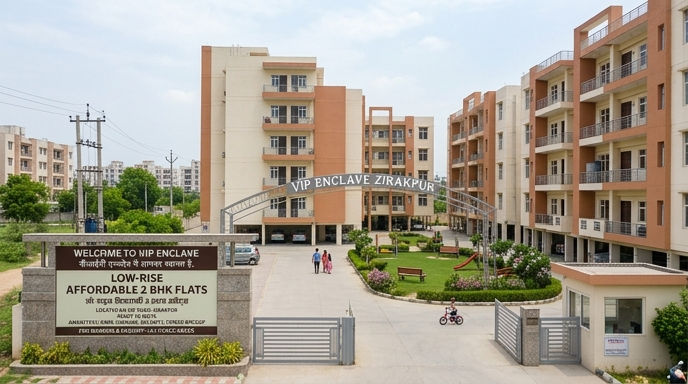 Low-rise affordable 2 BHK flats in VIP Enclave Zirakpur.