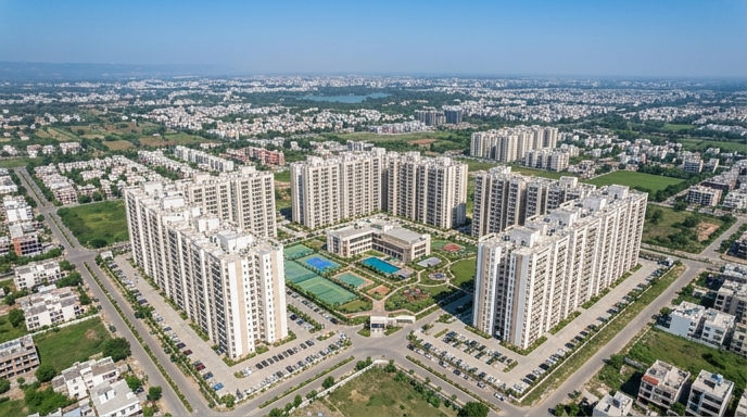 High-rise view of Savitry Heights 2 residential complex against a clear sky.