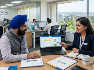 Office setup showing a professional from Dovetail Solutions providing Tally Prime software consultation to a business owner in Chandigarh.