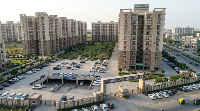 Spacious parking and apartment blocks at Jaipuria Sunrise Greens on VIP Road.