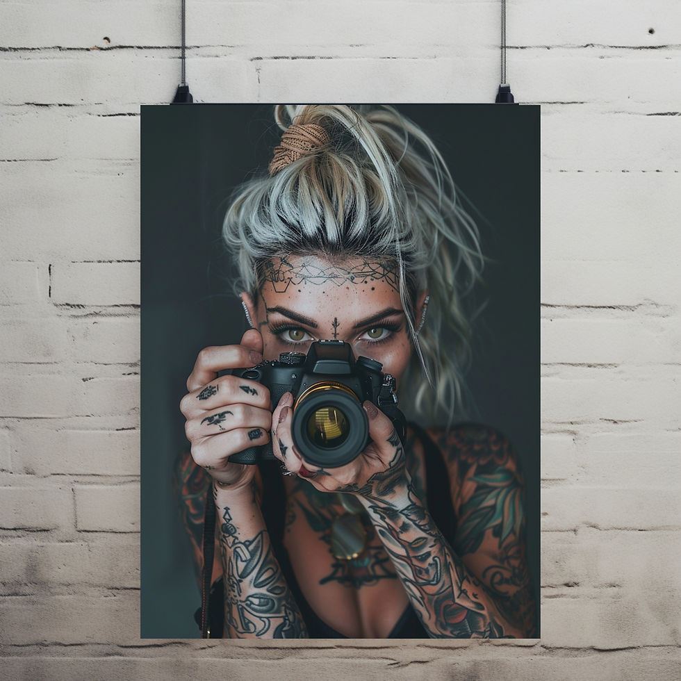 Tätowierte Frau mit Kamera als modernes Wandbild