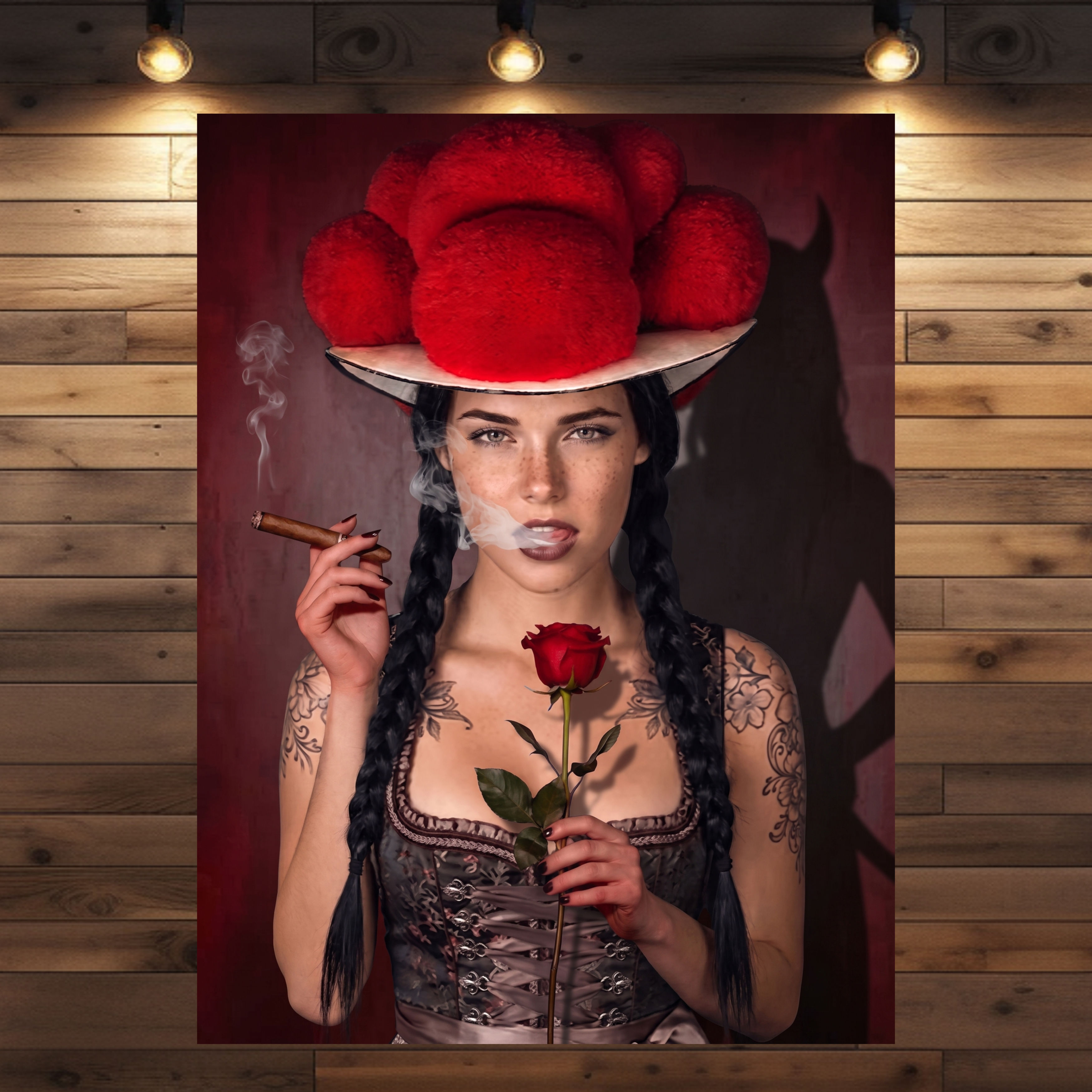 Tätowierte Frau mit rotem Bollenhut, Zigarre und roter Rose vor tiefrotem Hintergrund – Schwarzwald Kunstwerk The Devil in Me