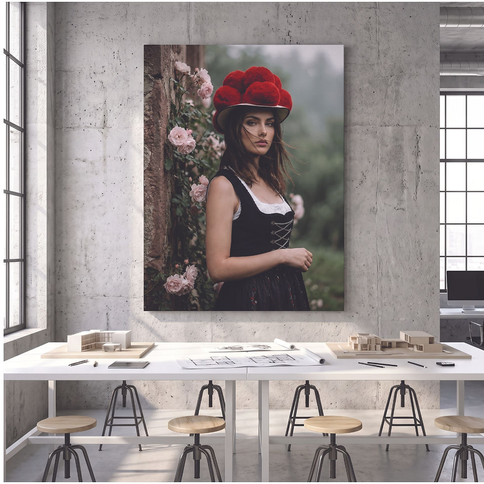 Miniaturbild: Vintage Wandbild mit Frau und Rosen im Flur eines Landhauses