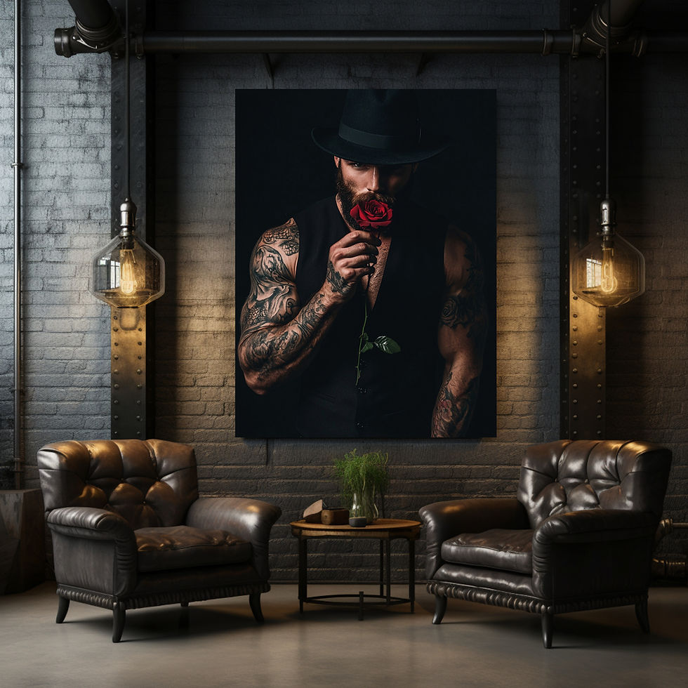 Miniaturbild: Schwarzwald Bub Wolfgang Fotokunst: Maskuliner Mann mit Rose, perfekt für moderne und minimalistische Einrichtung.