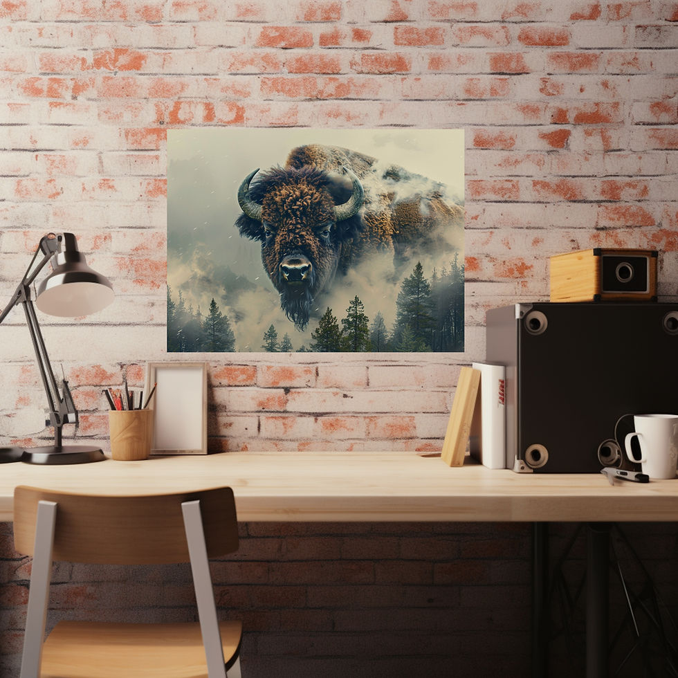 Miniaturbild: Wuchtiges Tiermotiv mit Bison in Waldkulisse – Ideal für Lodges & Retreats