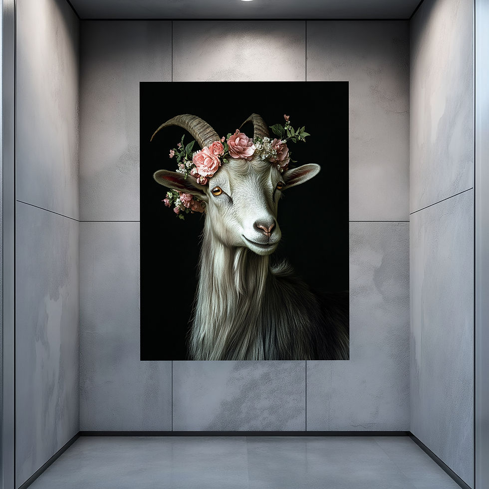 Miniaturbild: Poster oder Leinwand ‚Ziegendame Liesbet‘: Anmutige Ziege mit Blumenkranz und zeitlosem Charme