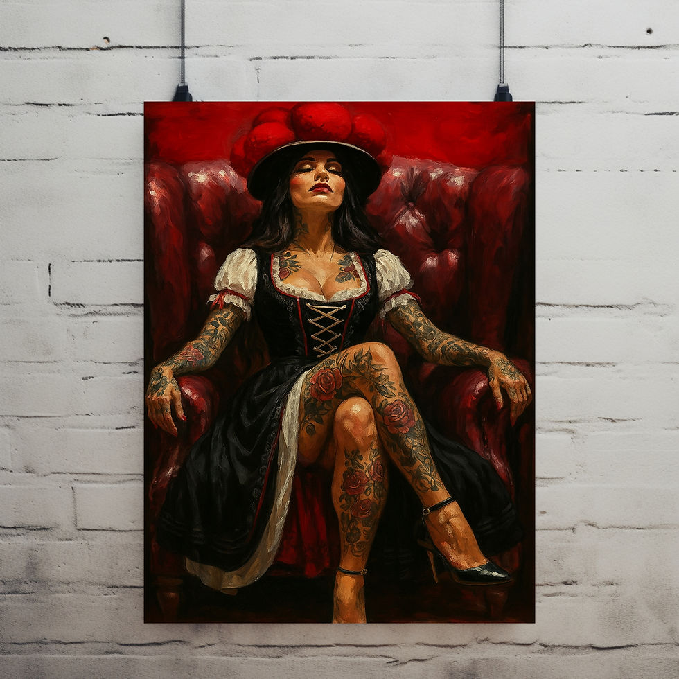Miniaturbild: Dominantes Frauenbild mit Bollenhut und Tattoos
