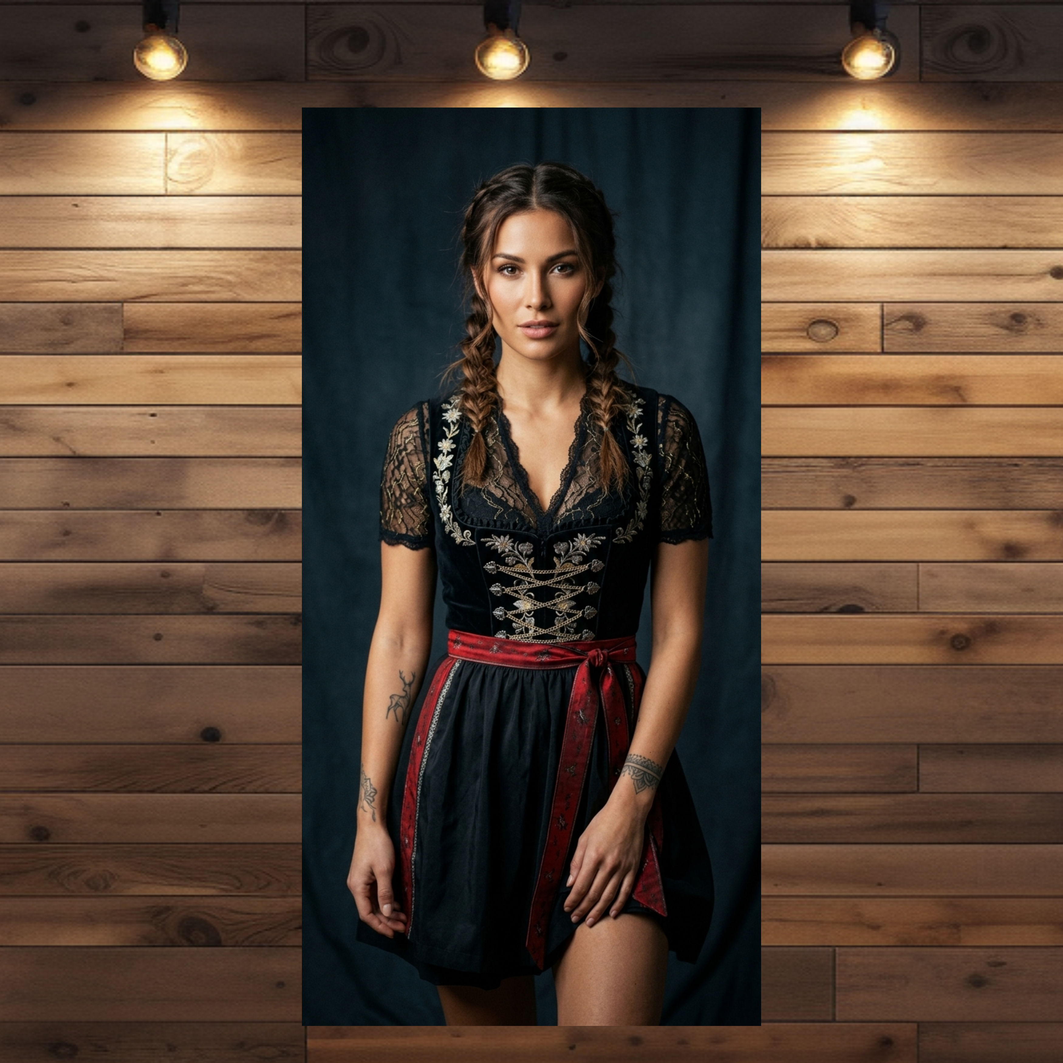 Kunstdruck Hanna – Frau im schwarzen Dirndl mit roter Schürze, geflochtenen Zöpfen und Tattoos