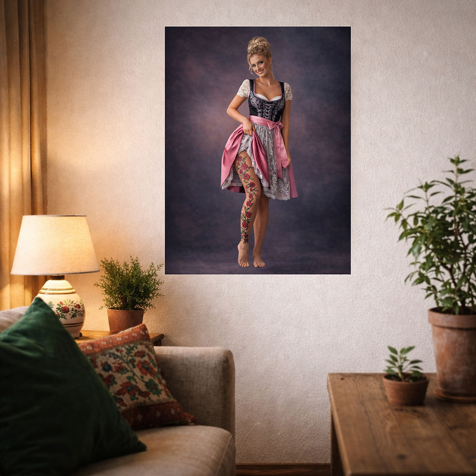 Miniaturbild: Dekoratives Poster mit eleganter Frau im Dirndl und floraler Tattoo-Kunst