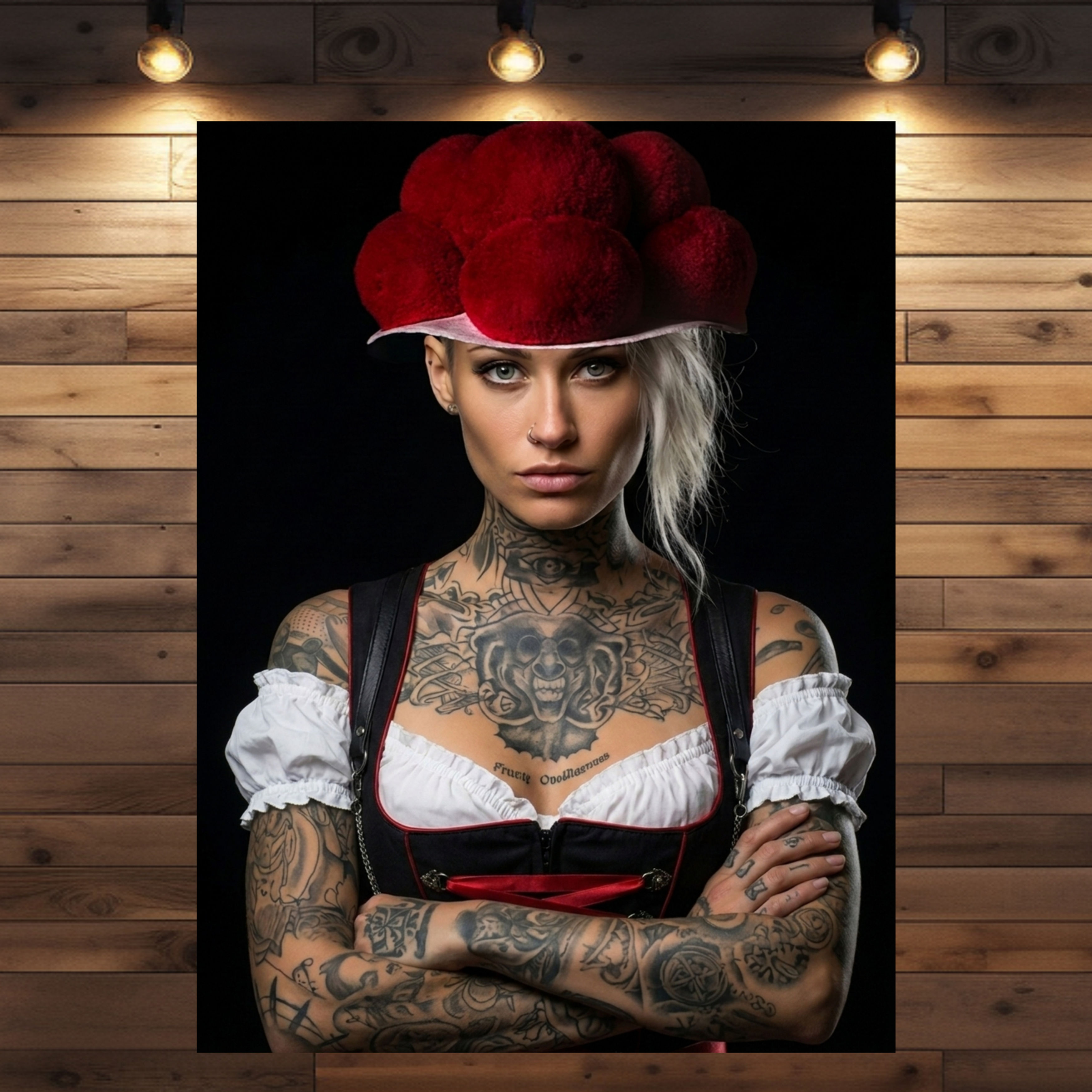 Tätowierte Frau mit rotem Bollenhut und Dirndl vor dunklem Hintergrund – Schwarzwald Kunstwerk Erika