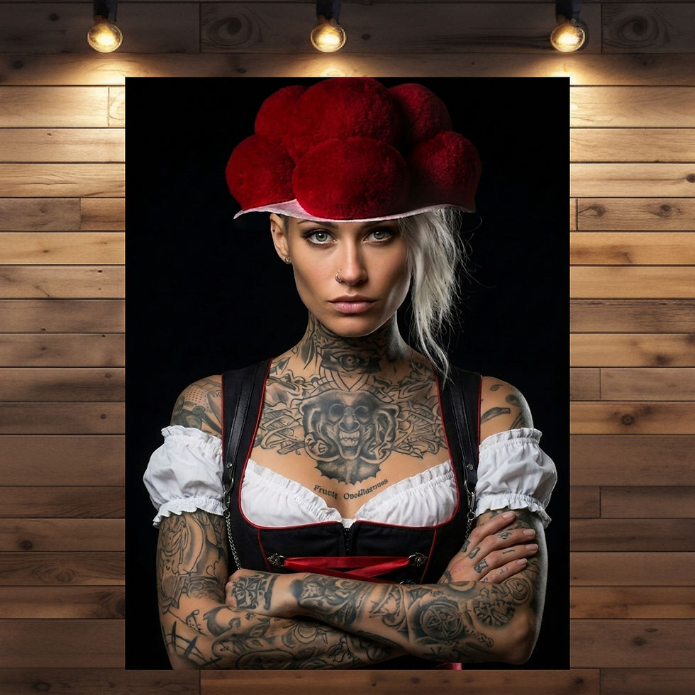 Tätowierte Frau mit rotem Bollenhut und Dirndl vor dunklem Hintergrund – Schwarzwald Kunstwerk Erika
