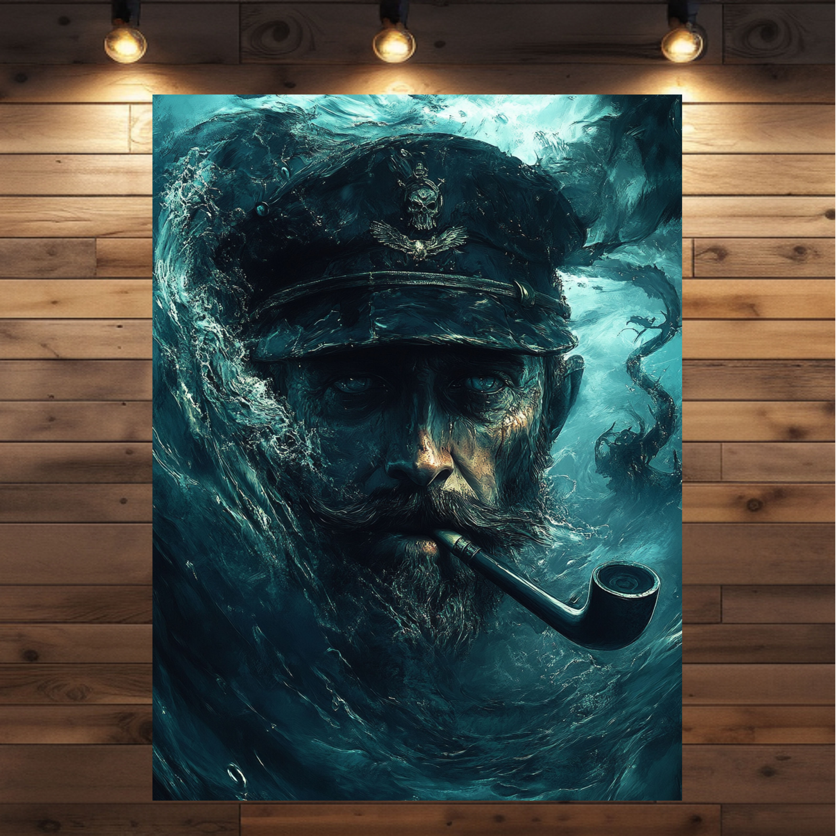 Porträt eines geisterhaften Kapitäns mit stürmischer Meereskulisse