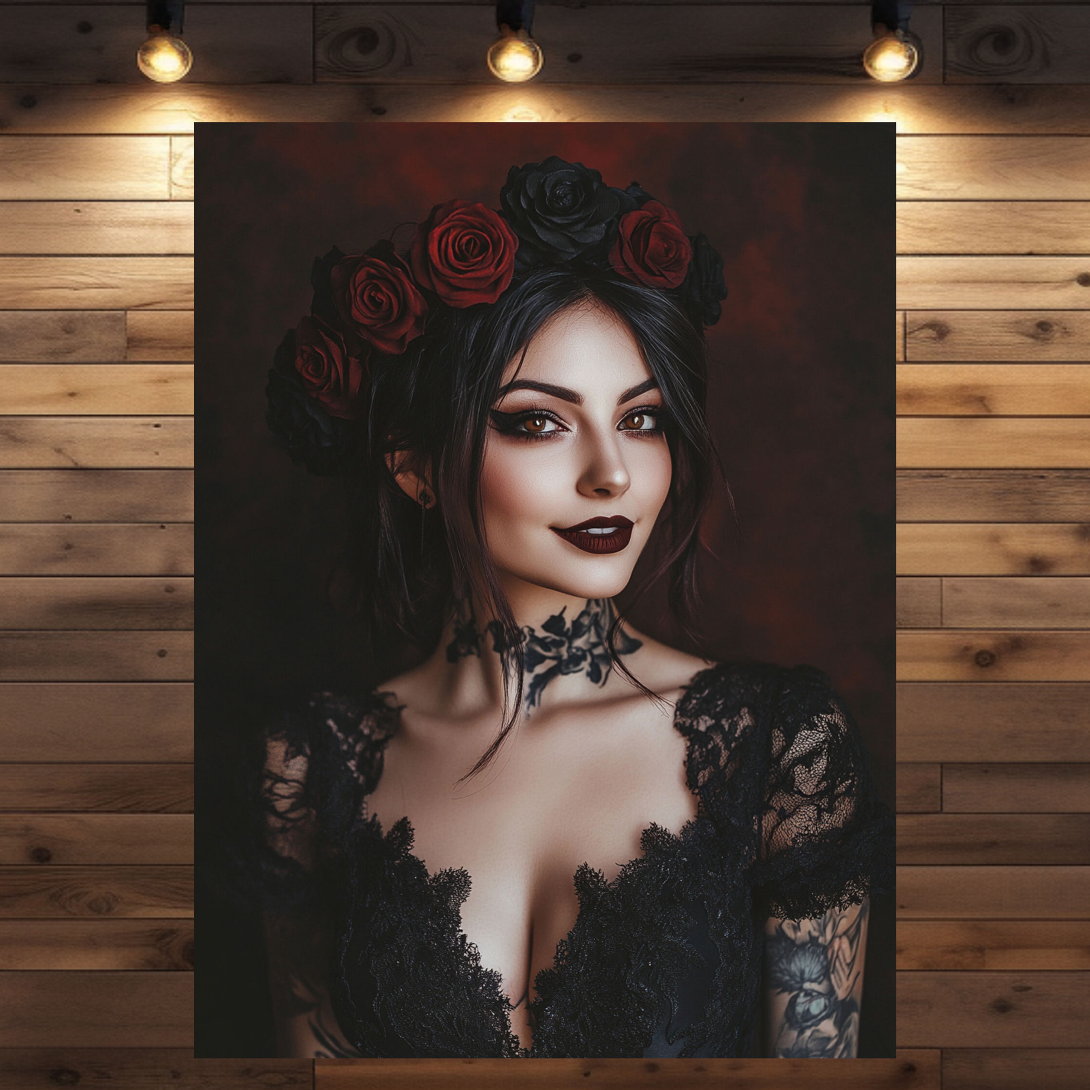 Elegantes Leinwandbild "Lady Willow" mit geheimnisvoller Frau und Rosenkranz.