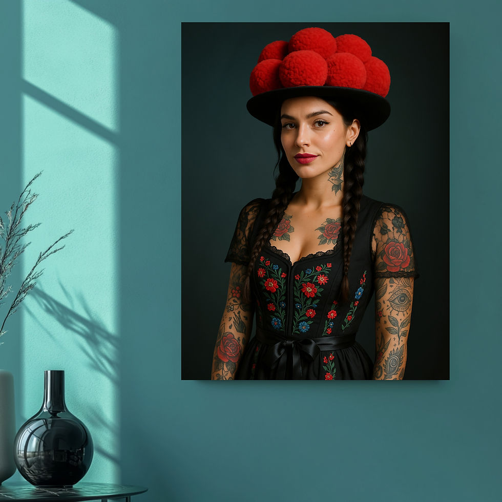 Miniaturbild: Schwarzwaldmädel Kate – Kunstwerk mit Bollenhut und Tattoo-Look für moderne Räume