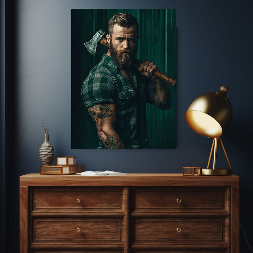 Miniaturbild: Friedrich Wandbild – moderner Waldarbeiter mit kariertem Hemd und markantem Tattoo-Look.