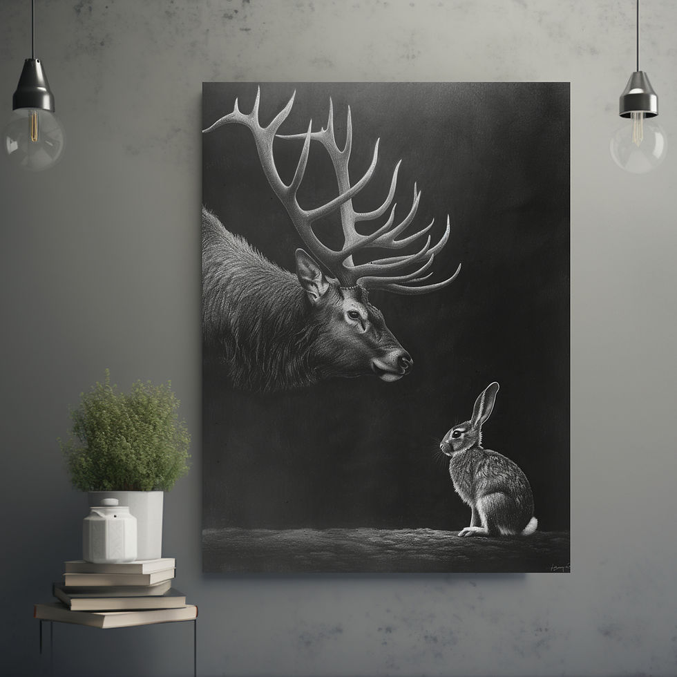 Thumbnail: Hochwertige Schwarz-Weiß Fotografie – Hirsch beugt sich zu Hase, Schwarzwaldfreunde