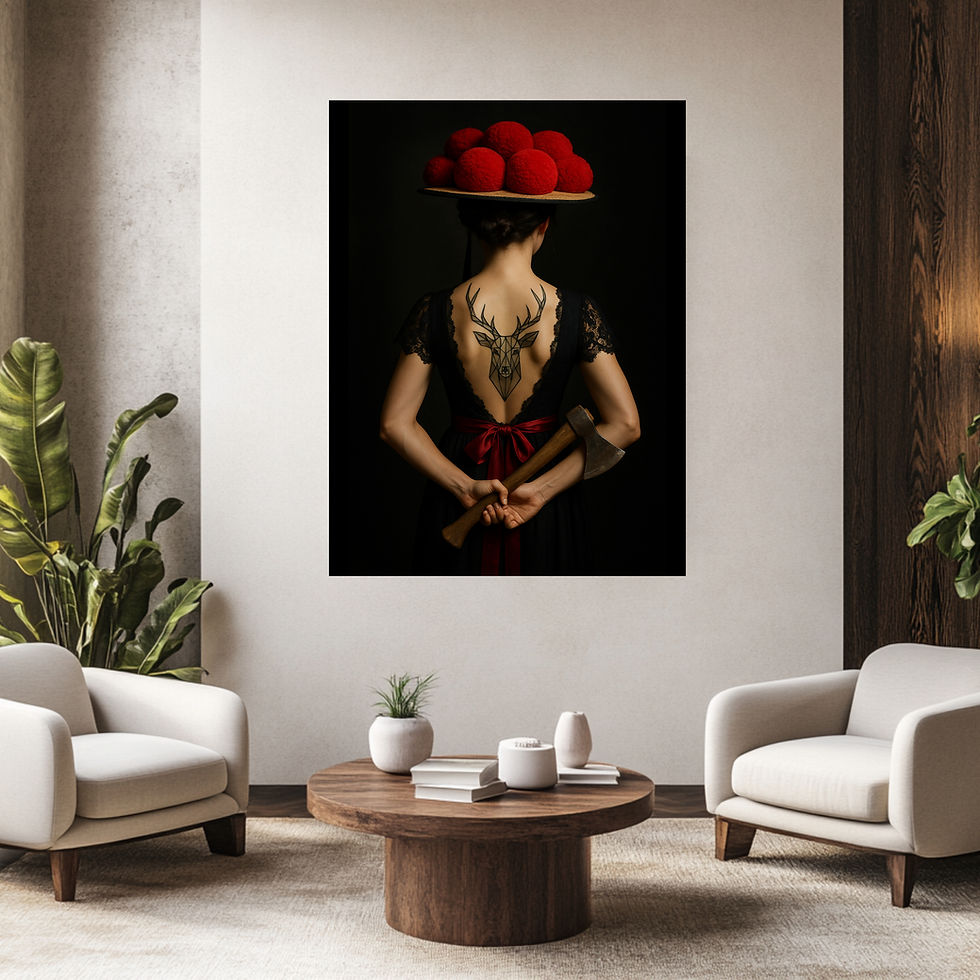 Miniaturbild: Hirsch-Tattoo und Schwarzwaldhut – modernes Poster dunkle Geheimnisse
