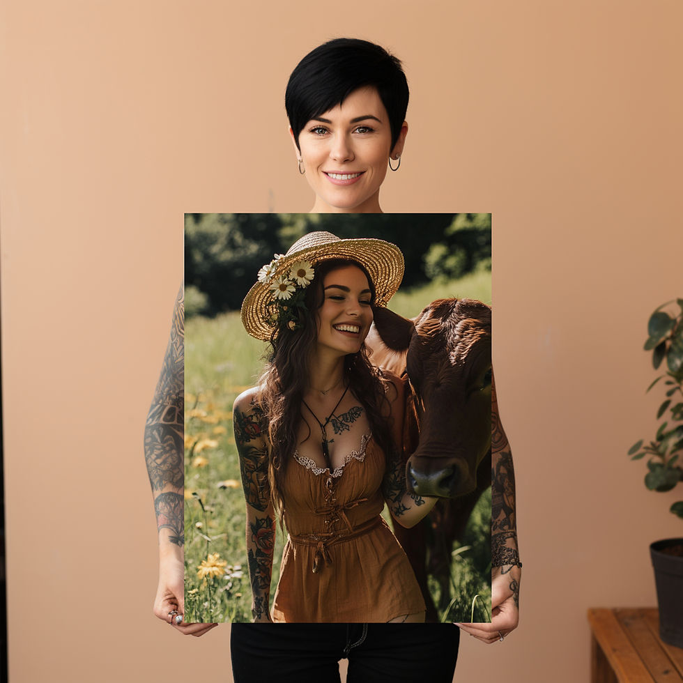 Fröhliche bayerische Frau im Dirndl mit Tattoos auf Leinwand