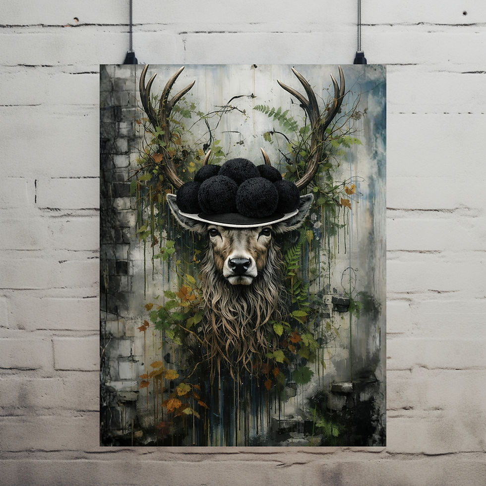 Miniaturbild: Moderner Hirsch mit Geweih und Bollenhut vor Betonwand – Leinwandbild