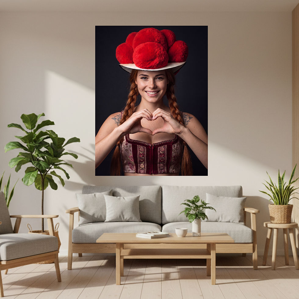 Lächelnde Schwarzwälderin mit Bollenhut und kupferroten Zöpfen als Premium Leinwandbild In love with Black Forest