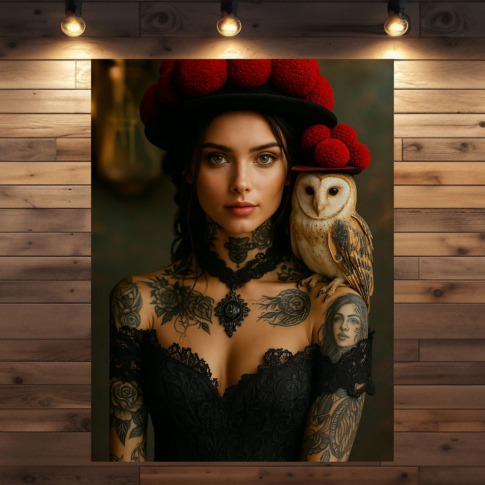 Mystische Frau mit Tattoos und Eule als Wandkunst