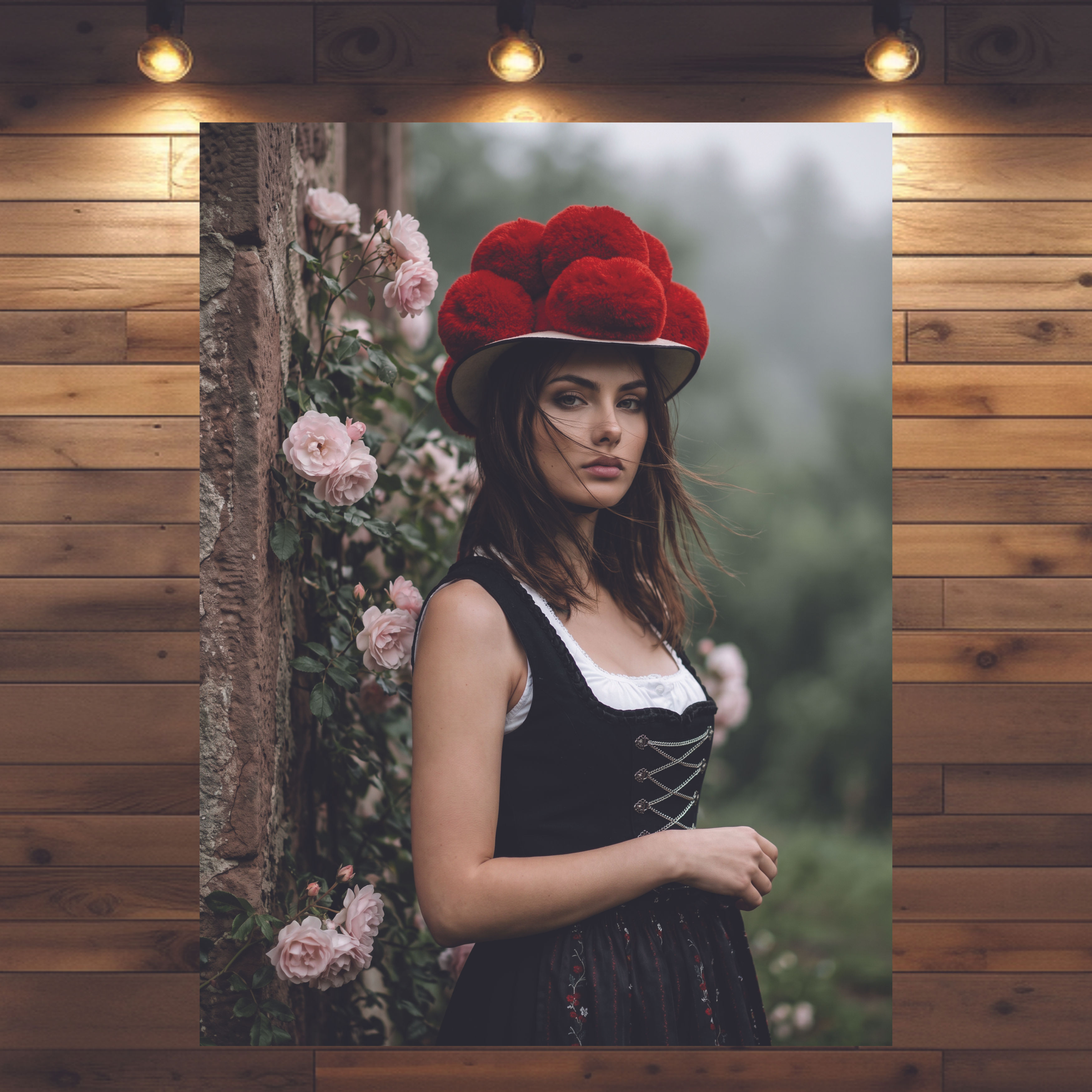 Vintage Wandbild Schwarzwälderin Anita – Frau mit rotem Bollenhut an einer Rosenmauer