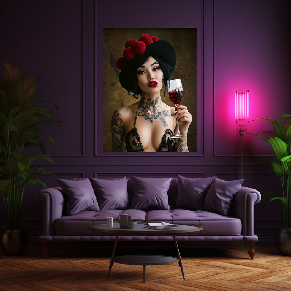 Miniaturbild: Stilvolle Weindekoration Weinkönigin mit Tattoos und Bollenhut in Premium-Qualität