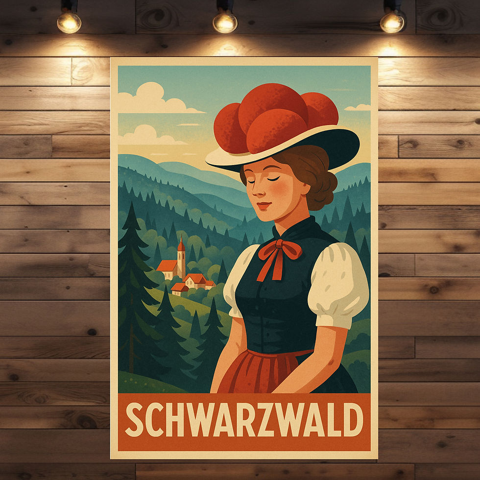 Schwarzwald Retro Poster mit Bollenhut Frau und Dorf