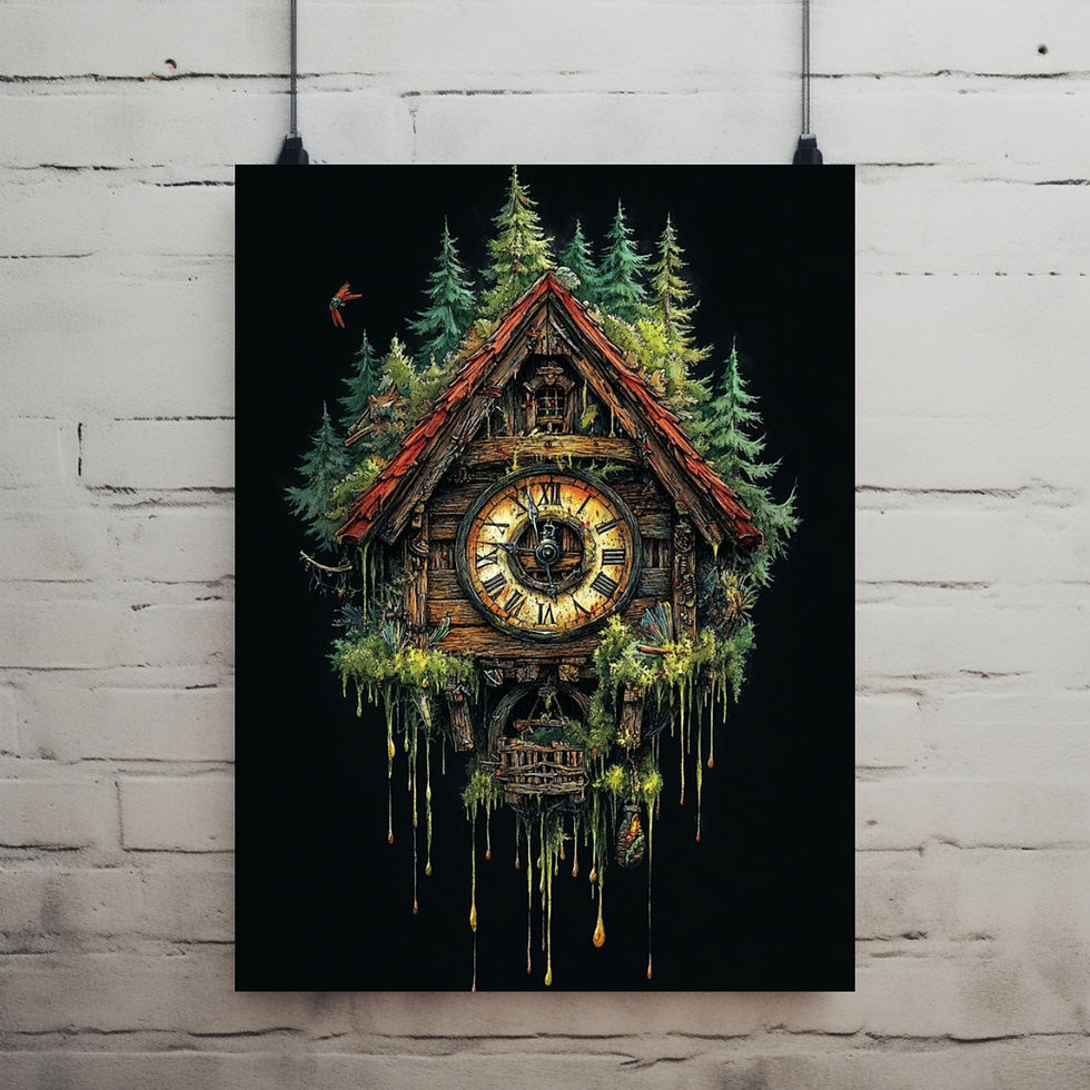 Miniaturbild: Schwarzwald-Kuckucksuhr auf schwarzem Hintergrund, elegantes Kunstwerk als Poster oder Leinwand.
