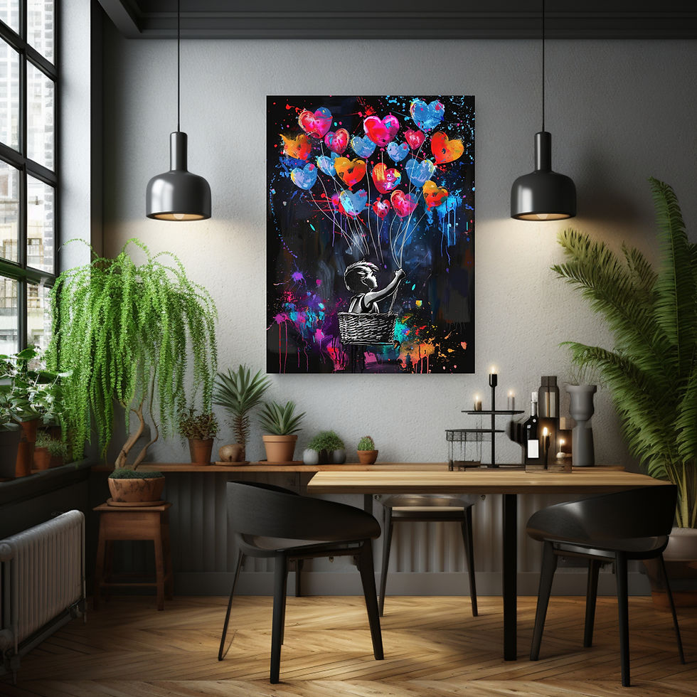 Inspiriere deine Räume mit dem Kunstwerk "Follow your Dreams" - farbenfrohe Herzen auf schwarzem Hintergrund