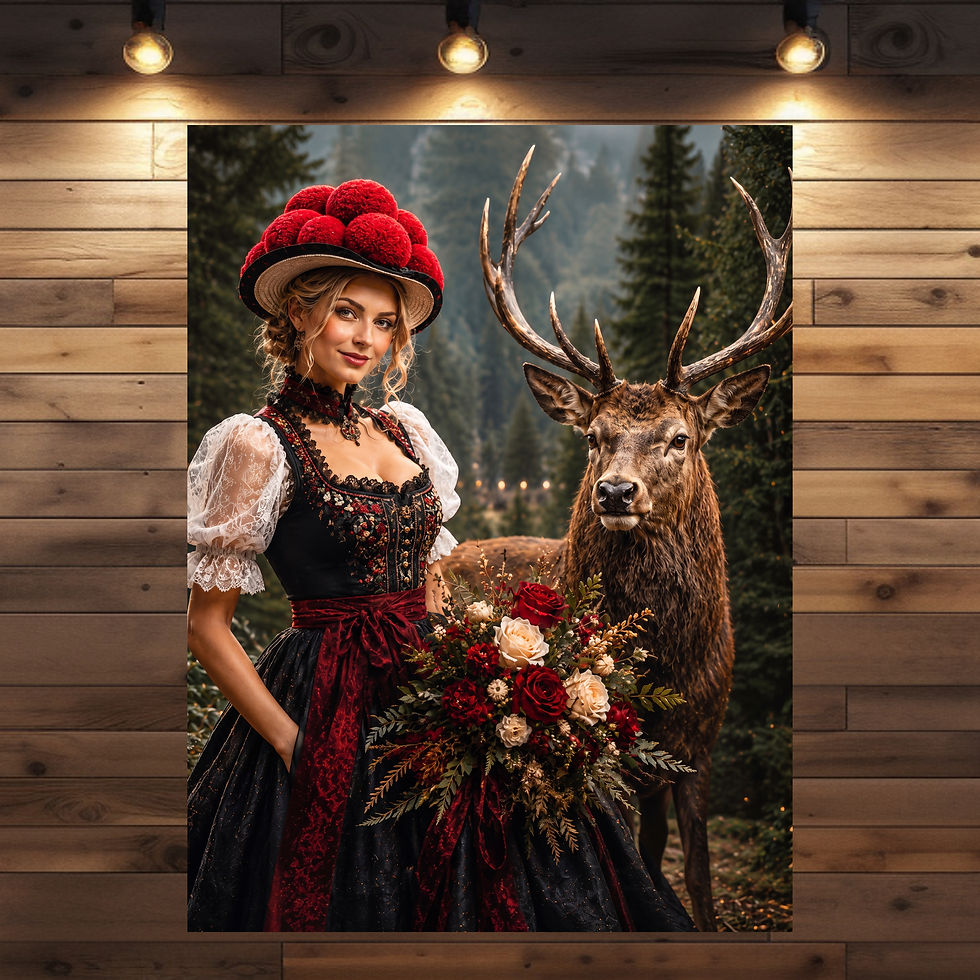 Schwarzwald Magie Wandbild – Frau mit Bollenhut und Hirsch im Wald, märchenhafte Schwarzwald-Kunst von Shadow Wood Art