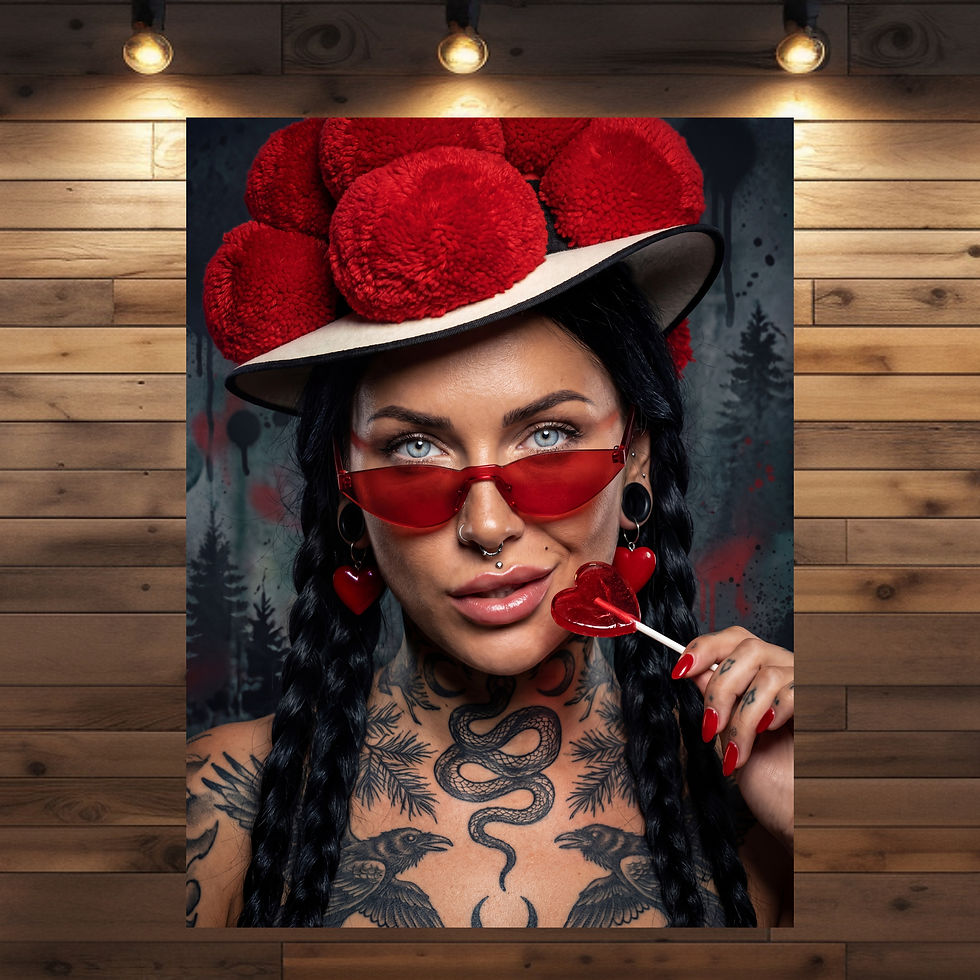 Dark-Fantasy-Portrait einer tätowierten Frau mit roter Herzsonnenbrille und Lollipop vor düsterem Schwarzwald-Hintergrund