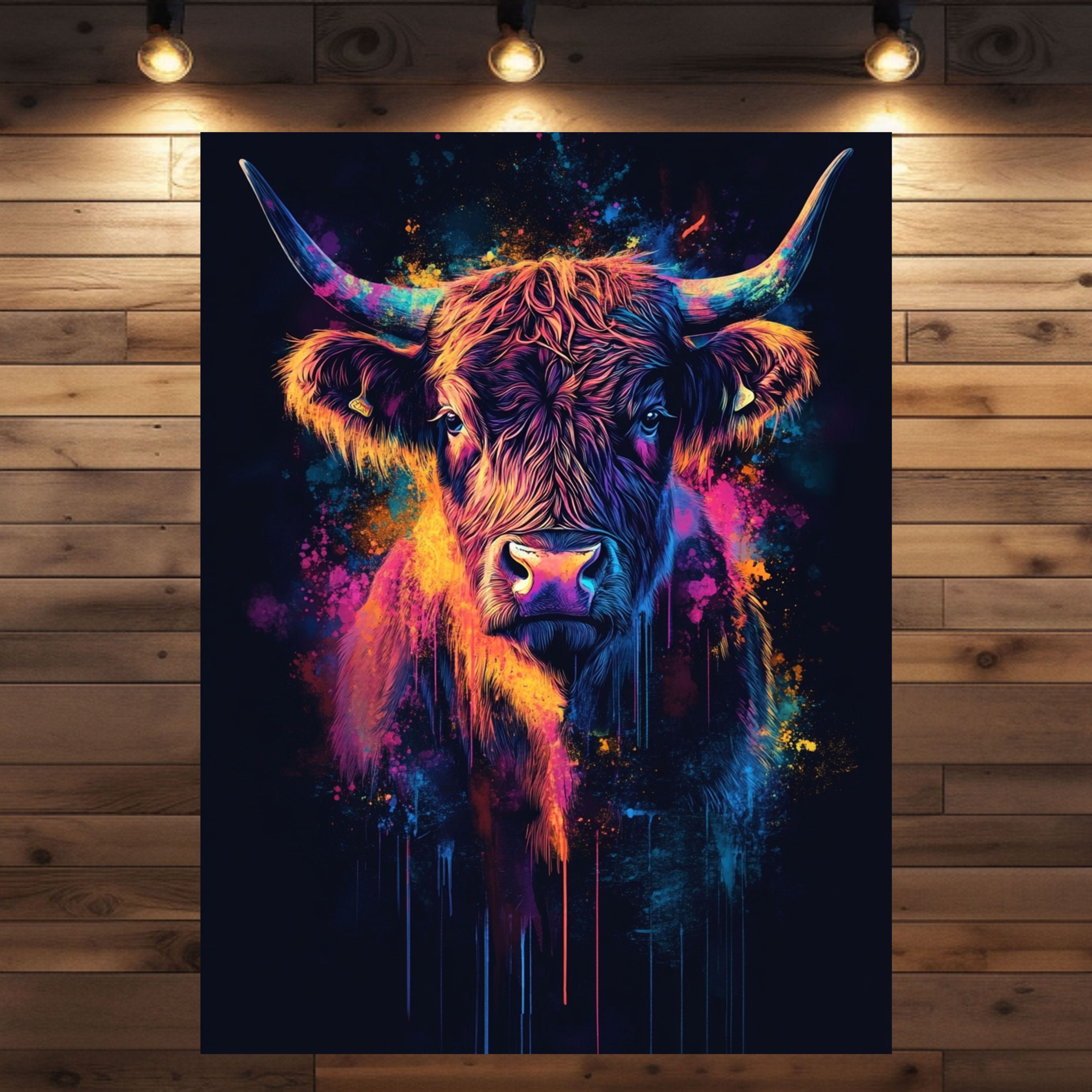Farbenfrohes Hochlandrind Lorenz als Graffiti Streetart Wanddekoration – Poster oder Leinwand für moderne Räume