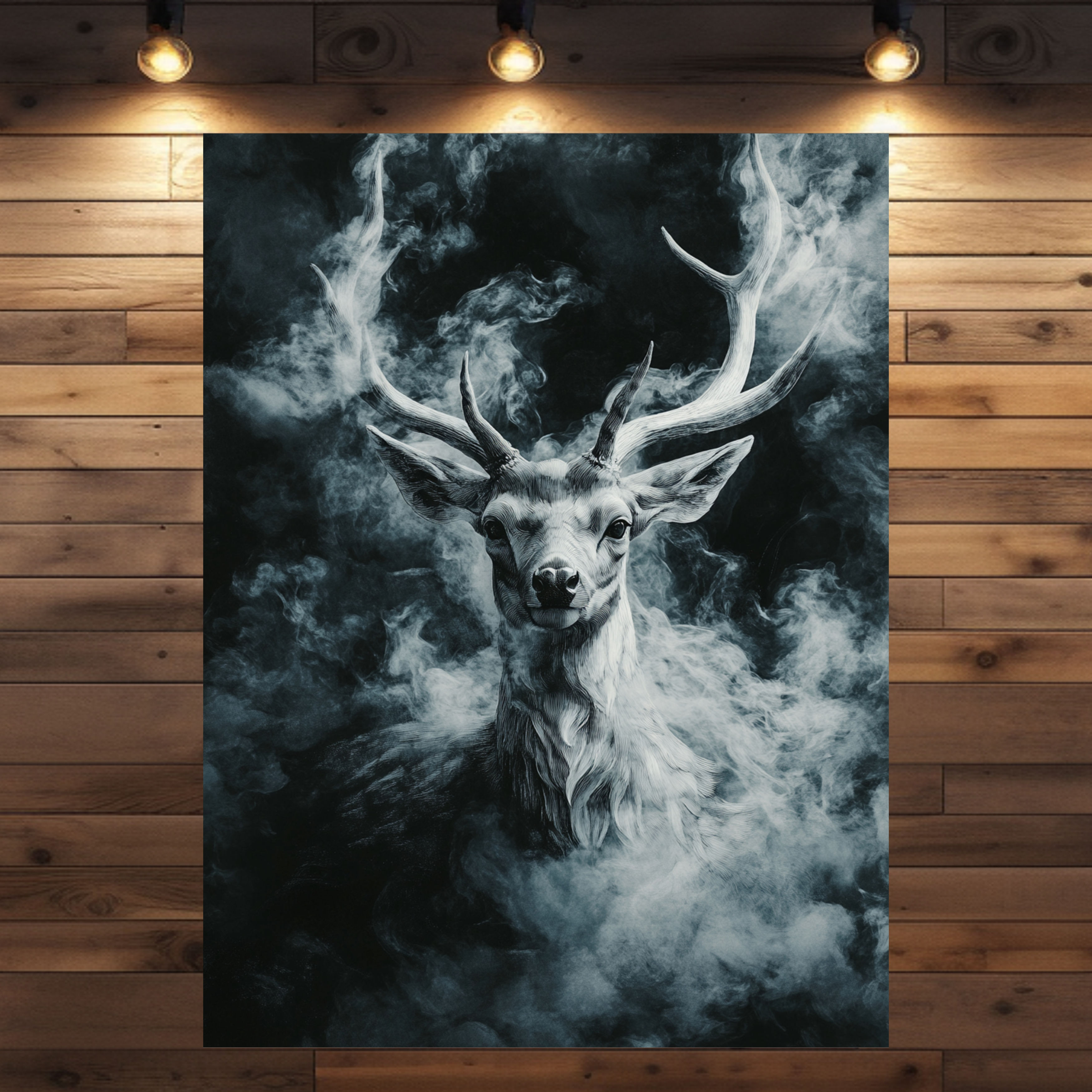 Mystischer Hirsch im Nebel – Kunstwerk "Hirsch Bob" auf Leinwand