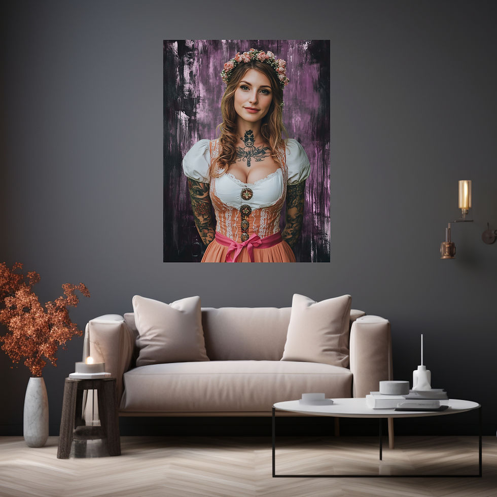 Traditionelles Dirndl trifft moderne Tattoo-Kunst auf Leinwand