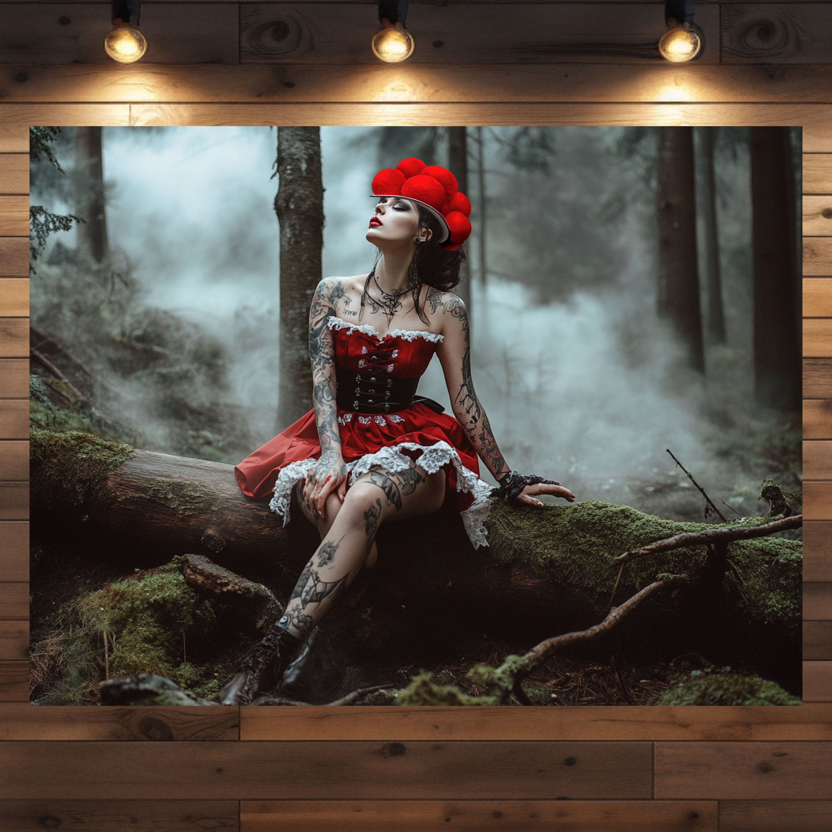 Schwarzwald-Bollenhut-Tradition trifft moderne Kunst – Bonnie mit Tattoos auf Poster und Leinwand.