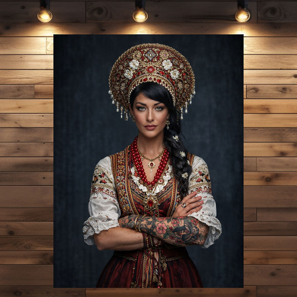 Anastasia Porträt – dunkelhaarige Frau mit Krone und Tattoos als Wandkunst