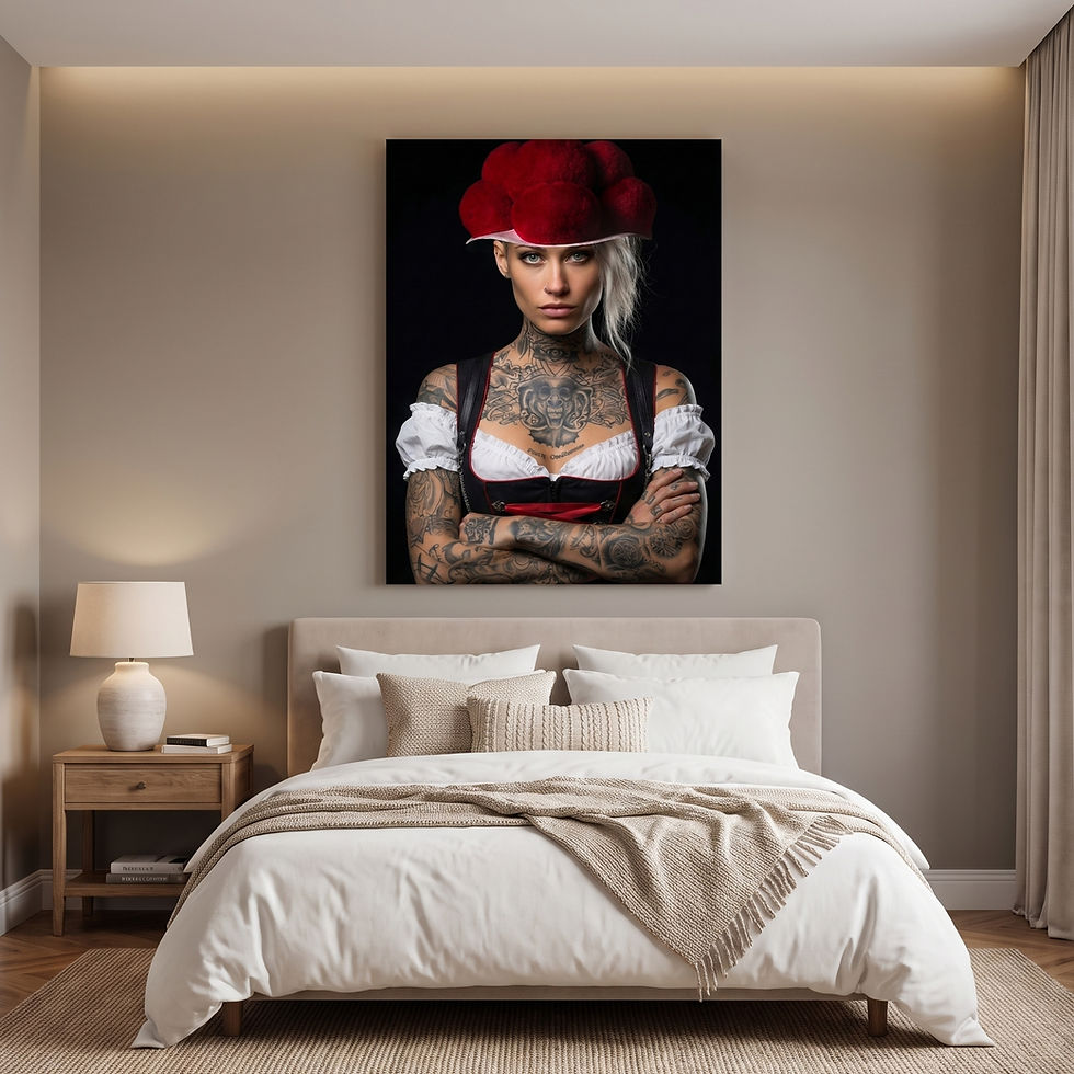 Miniaturbild: Selbstbewusste tätowierte Frau mit traditionellem Schwarzwälder Bollenhut, Wandbild