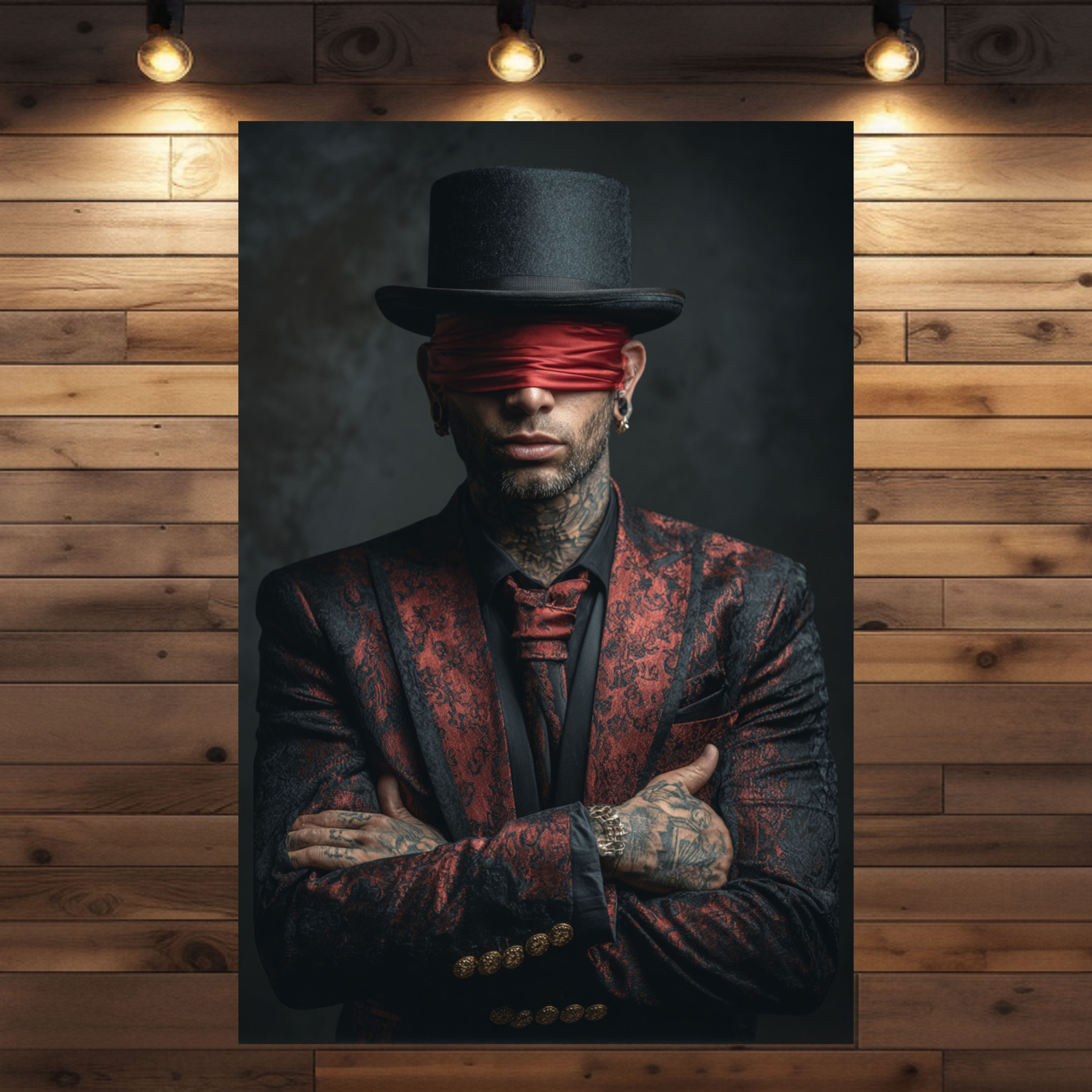 Schwarzwald Bub Karl in rotem Anzug mit Augenbinde – modernes Wandbild