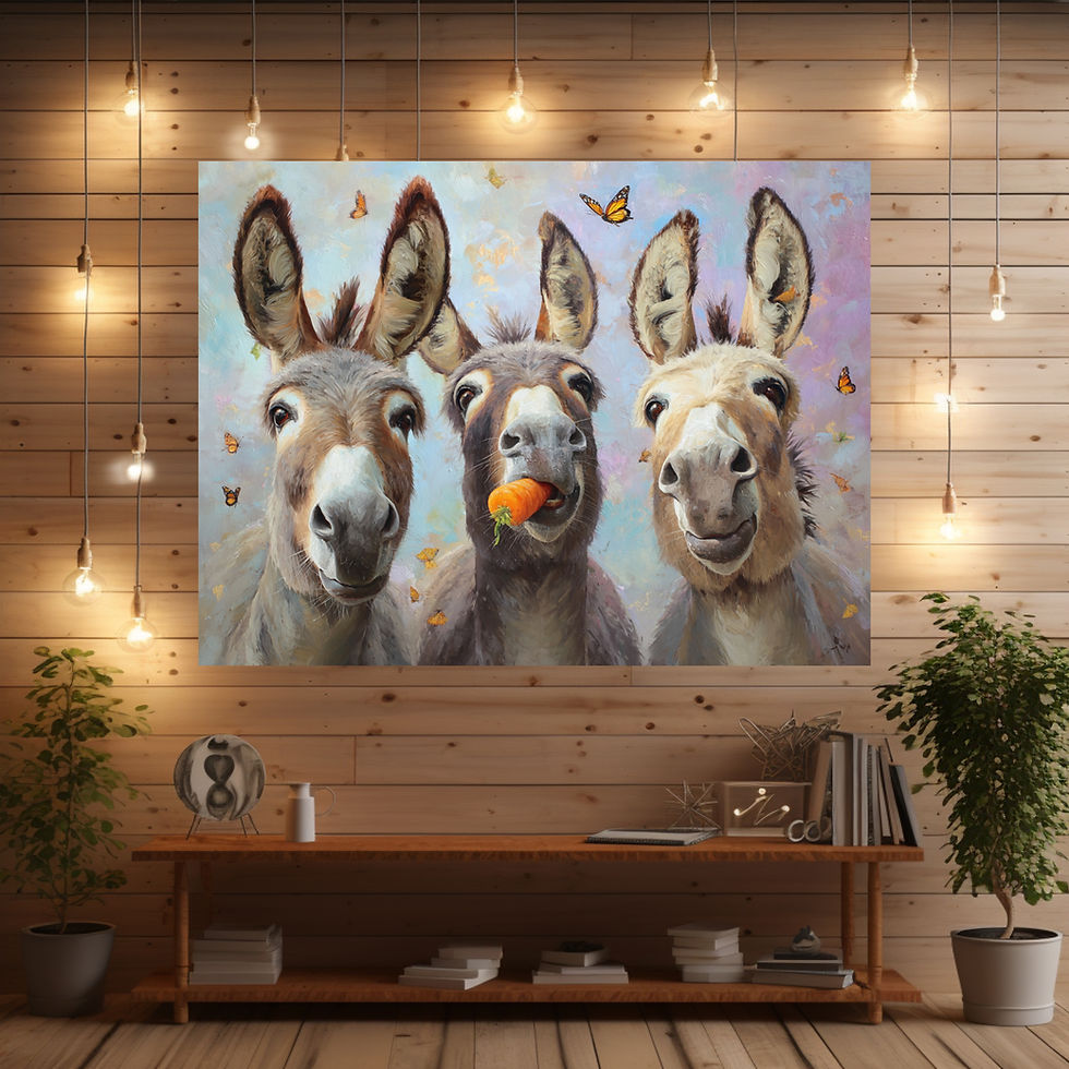 Fröhliche Eselbande Donkey Party – humorvolles Kunstposter für Wohnräume & Büros