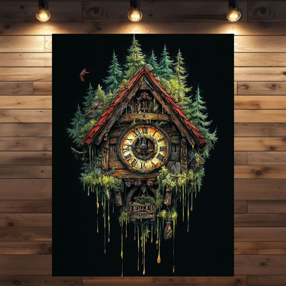 Kuckucksuhr Titisee Kunstwerk auf schwarzem Hintergrund – stilvolle Wanddekoration inspiriert vom Schwarzwald.