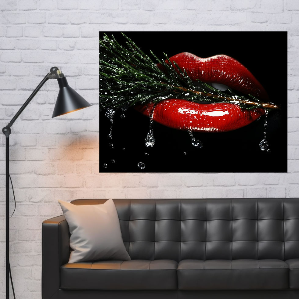 Miniaturbild: Leinwand ‚Kiss of the Forest Part 2‘: Tropfnasse Tannenzweige und verführerische rote Lippen.