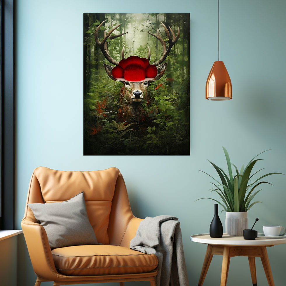 Miniaturbild: Mystisches Hirschbild mit rotem Bollenhut als Wandkunst