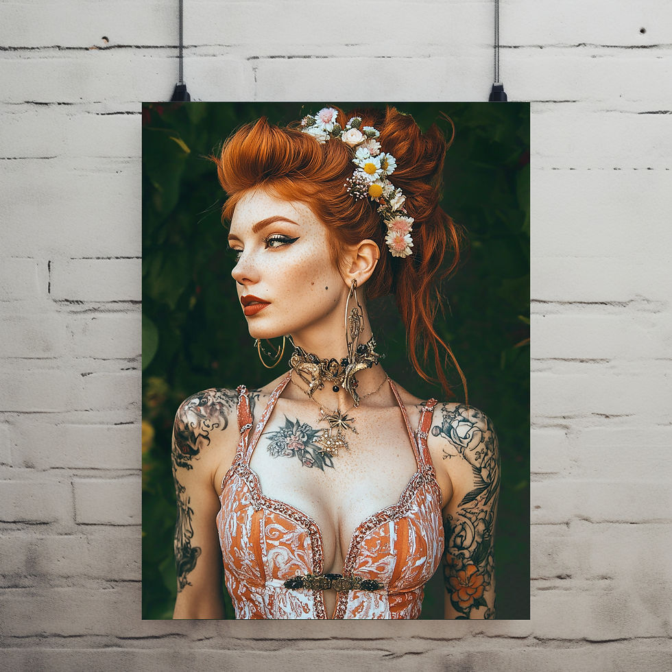 Miniaturbild: Tattoo-Kunst und natürliche Schönheit auf Poster vereint