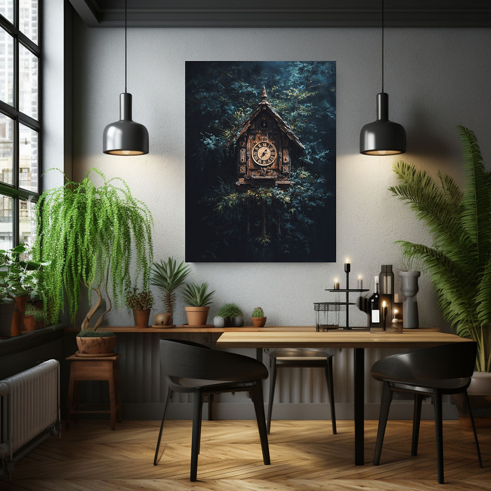 Miniaturbild: Wandbild einer Kuckucksuhr umgeben von Waldvegetation