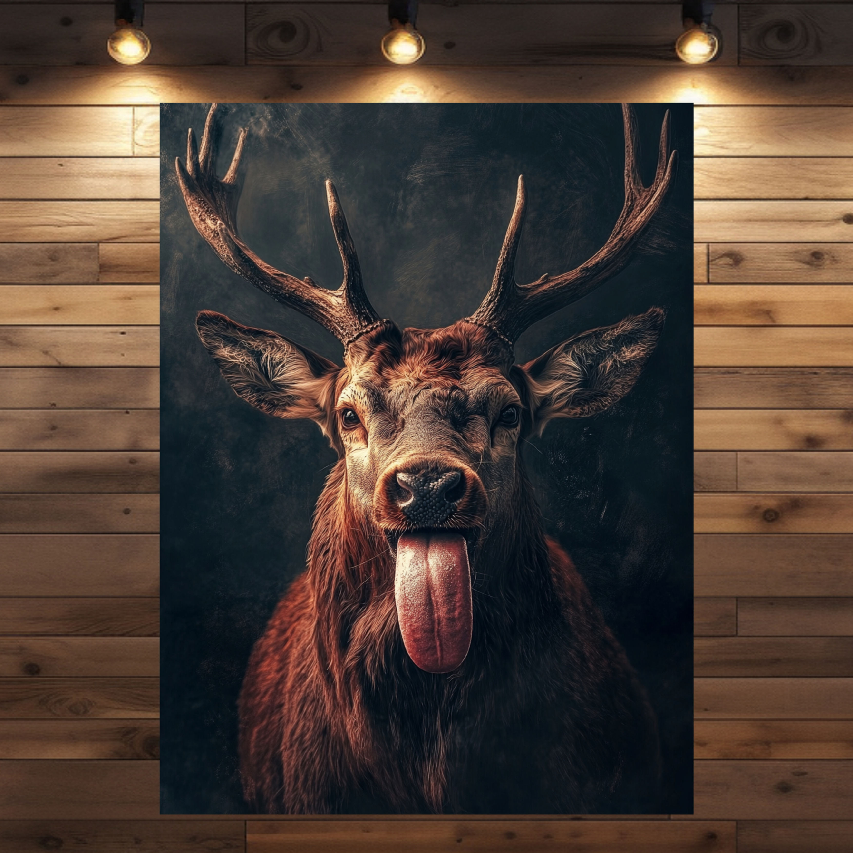 Hirsch Ole Poster – witziges Hirschmotiv mit ausgestreckter Zunge und humorvoller Wildtier-Persönlichkeit.