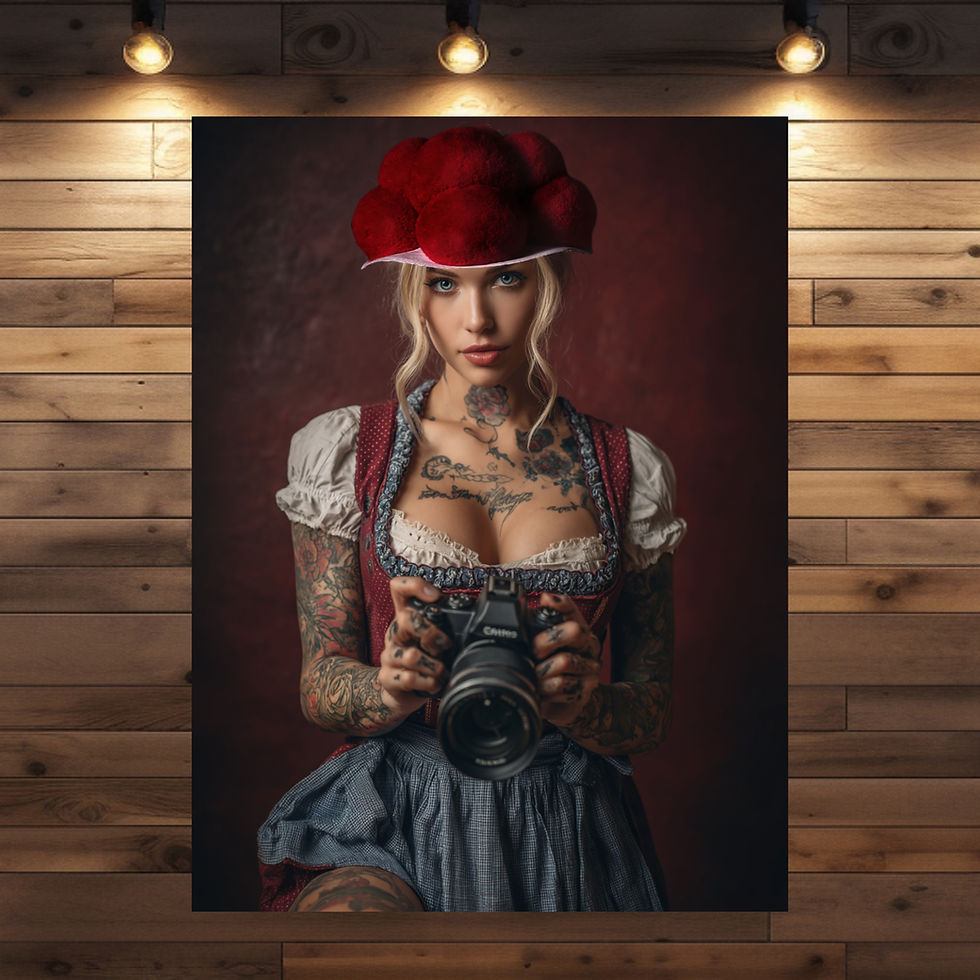 Tätowiertes Model mit Bollenhut und Kamera als moderne Schwarzwald-Kunst