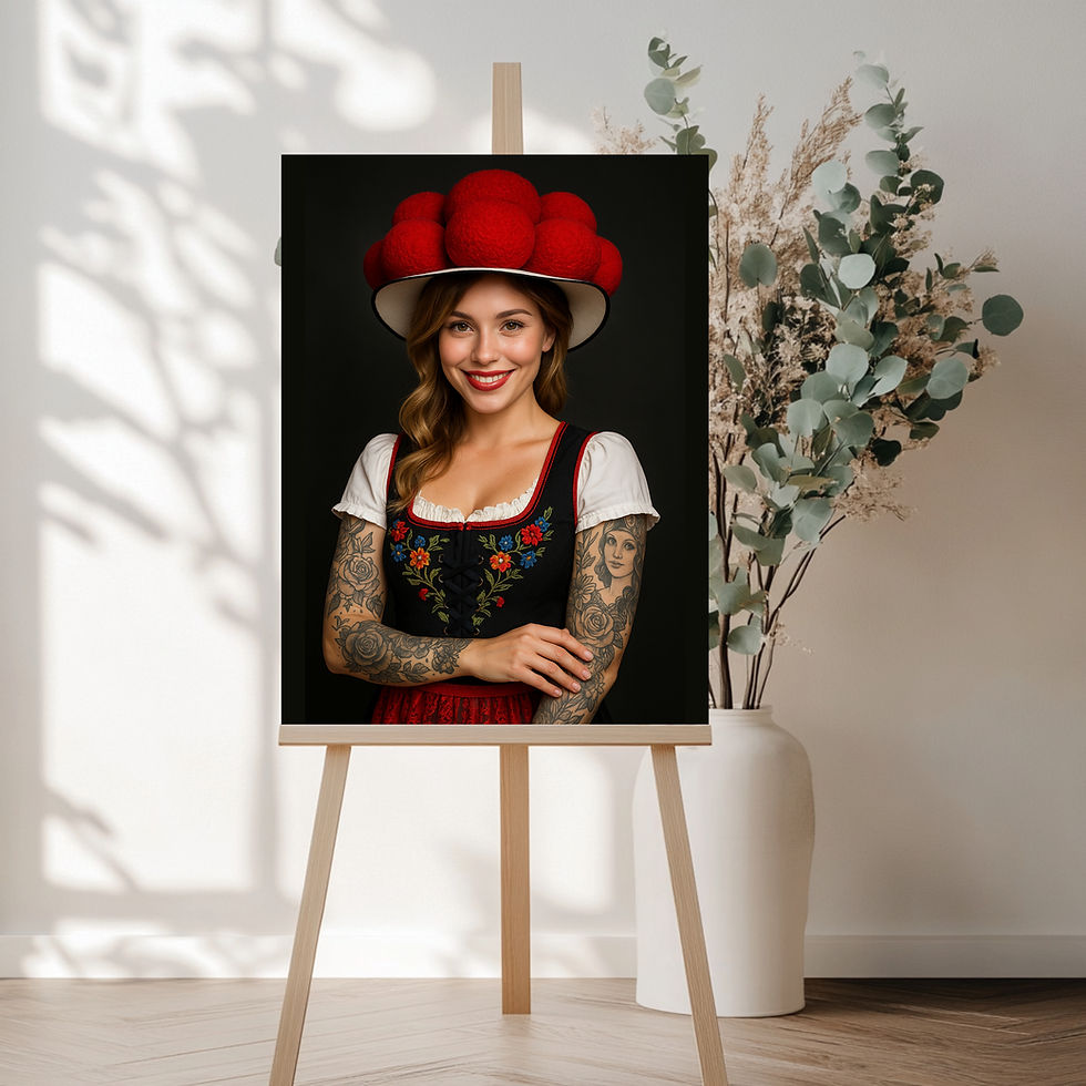 Miniaturbild: Kunstbild mit Schwarzwaldtracht und Tattoos