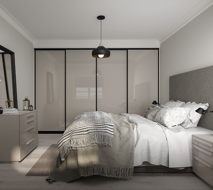 Curve frame in black gloss, stone grey glass doors and matt cashmere liners